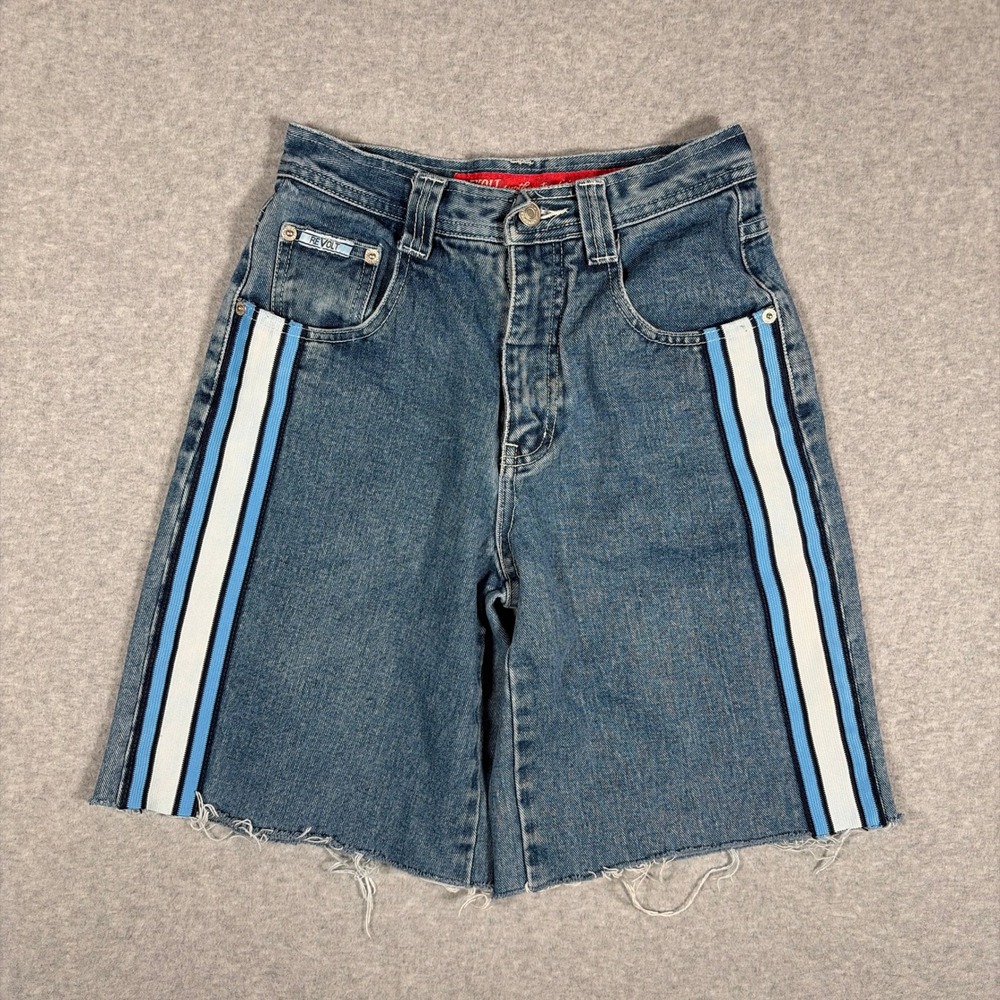 Vintage Revolt Denim Shorts Womens 12 Blue Side Stripe Raw Hem Baggy Jorts